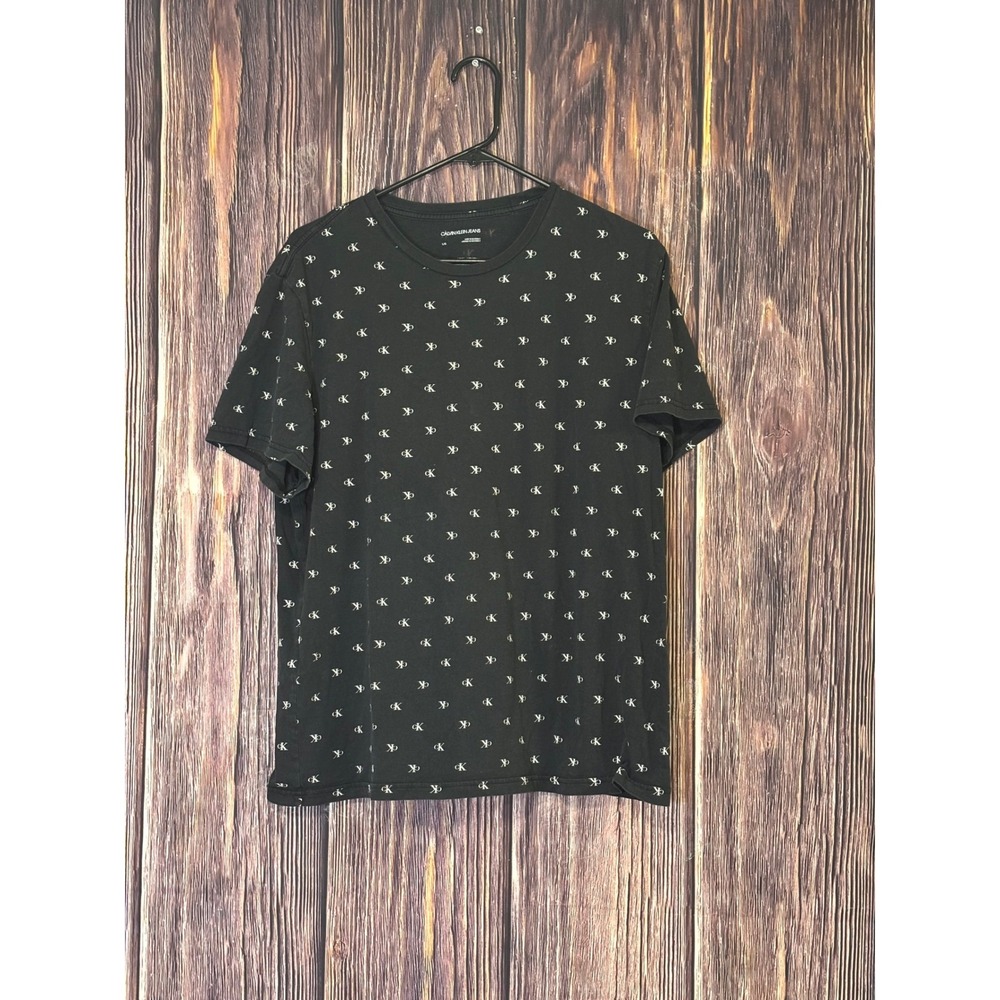Calvin Klein Jeans T-Shirt Mens Large Black Monogram Logo All Over Print Classic